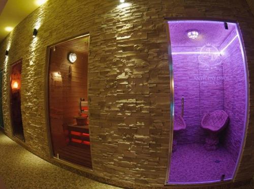 Rudna MałaHotel Wellness & SPA Antyczny Dwór的一间带紫色淋浴和两个卫生间的浴室
