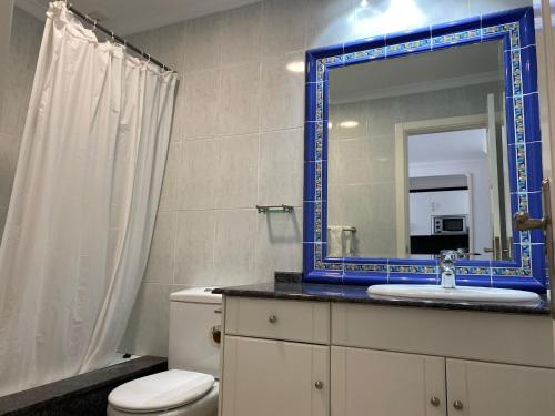 莫甘海滩Billy's Beachfront Apartment with pool access的浴室设有白色卫生间和蓝色镜子