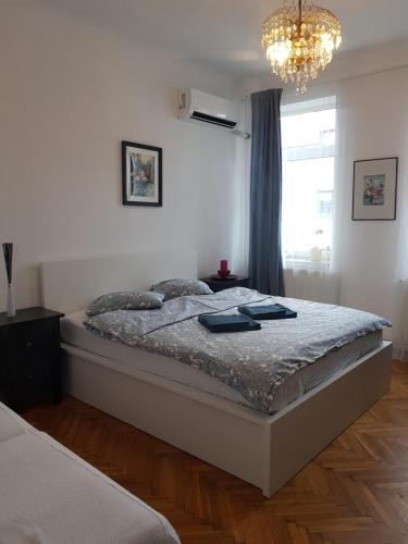 布加勒斯特12 Residence Cotroceni的一间卧室配有一张带吊灯的大床