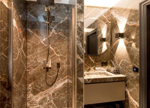 哈莱姆Cavallaro Hotel的带淋浴、水槽和镜子的浴室