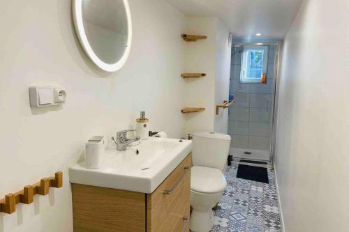 鲁昂Sous Les Nuages的一间带水槽、卫生间和镜子的浴室