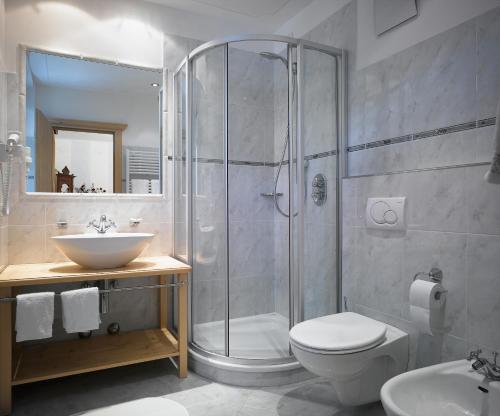 圣马蒂诺-因巴迪亚奥斯塔瑞亚波斯塔酒店的带淋浴、卫生间和盥洗盆的浴室
