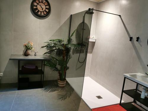 TemseMica beauty & wellness center的带淋浴的浴室和墙上的时钟
