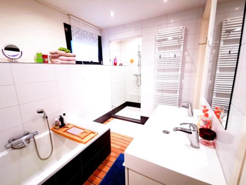 阿姆斯特丹拉克特斯康塔住宿加早餐酒店的白色的浴室设有两个盥洗盆和镜子