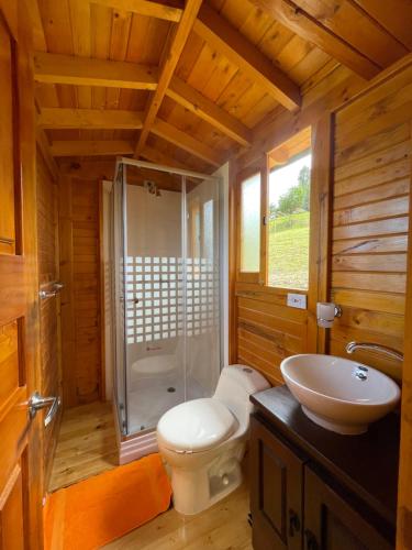 莱瓦镇Glamping y Chalet Aventura Park Villa De Leyva La Periquera的浴室配有卫生间、淋浴和盥洗盆。