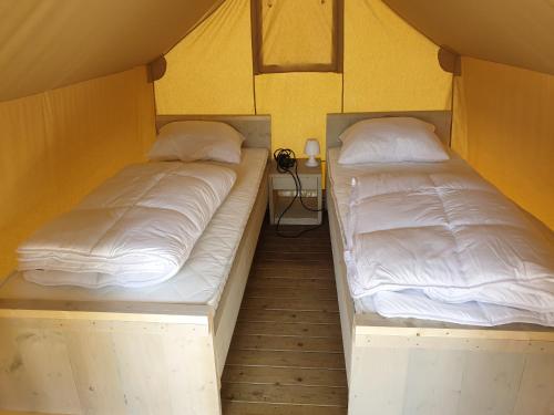 KesterenSafaritent Mini Lodge的黄色墙壁客房的两张床
