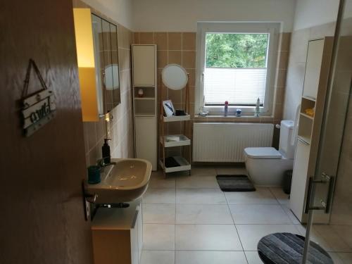温特贝格Apartment am Felsen Züschen的一间带水槽和卫生间的浴室以及窗户。