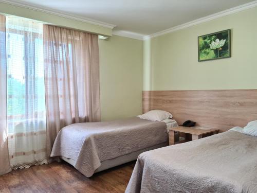 文尼察潘斯卡哈塔酒店的酒店客房设有两张床和窗户。