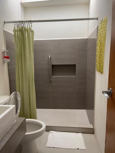 坎佩切Hotel Villa Escondida Campeche的带淋浴帘和卫生间的浴室