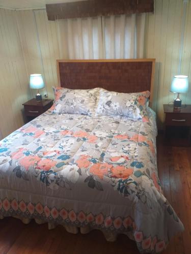 卡斯特鲁Refugio Insular的卧室内的一张床位,配有两张台灯