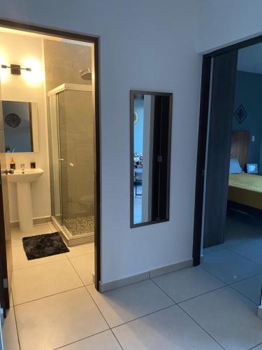马萨特兰Palmilla residencial departamento en zona privada的带淋浴和镜子的浴室