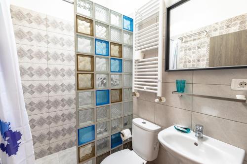 布拉索夫埃祖旅馆的一间带卫生间、水槽和镜子的浴室