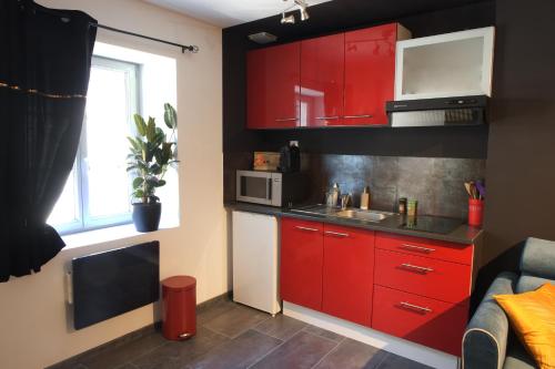 多勒Duplex charmant idéalement situé的一间带红色橱柜和微波炉的厨房