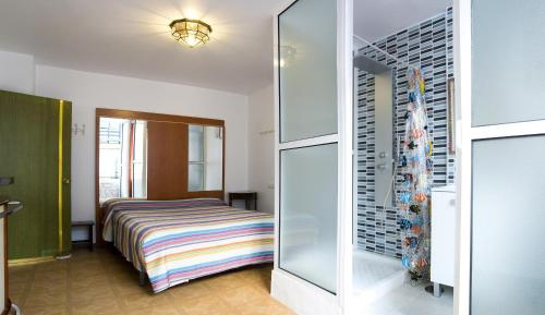 马拉加弗拉门戈卡马龙旅馆的一间卧室配有一张床和一个玻璃衣柜