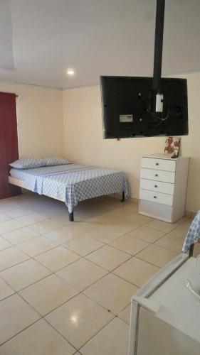奎波斯城Apartamento Equipado Morpho CR.的卧室配有一张床,墙上配有电视。