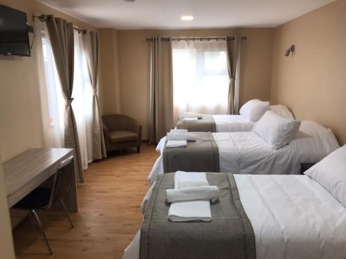 艾森港Gran Hotel Aysen的酒店客房,配有三张床和毛巾