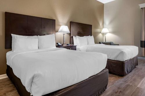 德兰Comfort Inn & Suites DeLand - near University的配有白色枕头的酒店客房内的两张床