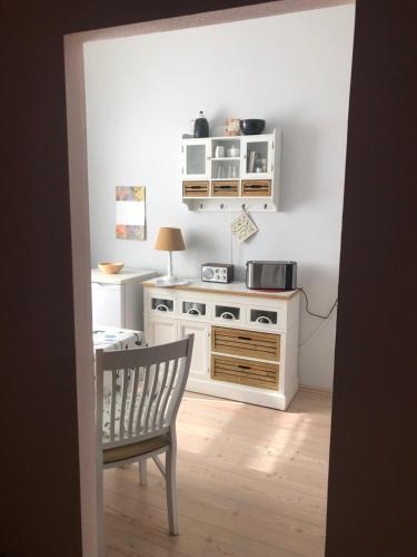 巴特埃尔斯特Apartment Am Gondelteich的白色的厨房配有椅子和桌子