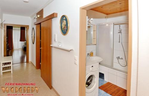 圣乌尔班Ferienwohnung Woody的一间带水槽和洗衣机的浴室。