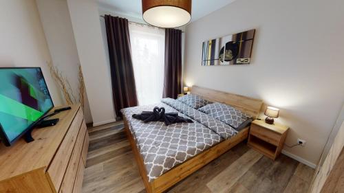 斯塔利斯莫克维克Apartmán Tobias, PRIMO, Starý Smokovec的一间卧室配有一张床和一台平面电视