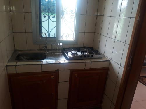 克里比NPANGOU APPART的厨房配有水槽、炉灶和窗户。