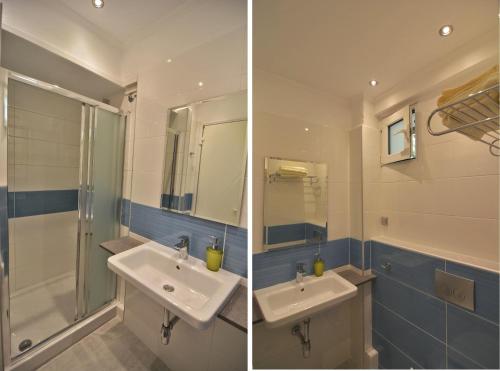 托罗尼内斯特酒店的浴室的两张照片,配有水槽和淋浴