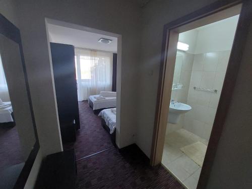 百乐费利克斯Hotel Muncel Băile Felix的客房设有带一张床和镜子的浴室