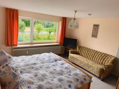马克多夫FeWo25-Zimmer-am-Bodensee的一间卧室配有一张床、一张沙发和一个窗口