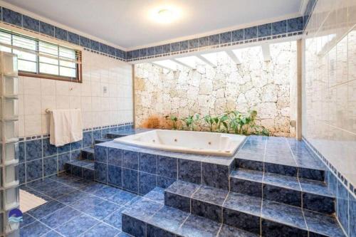 拉罗马纳Luxury Villa Casa De Campo的蓝色瓷砖浴室设有浴缸和窗户。