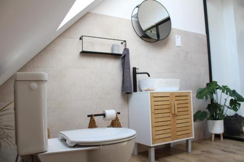 比托福Kafe v obýváku的一间带卫生间、水槽和镜子的浴室