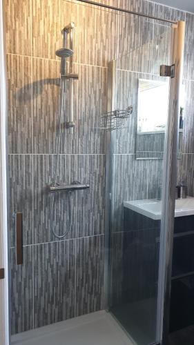 巴洛赫Holiday Apartment, Balloch, Loch Lomond的带淋浴的浴室和玻璃门