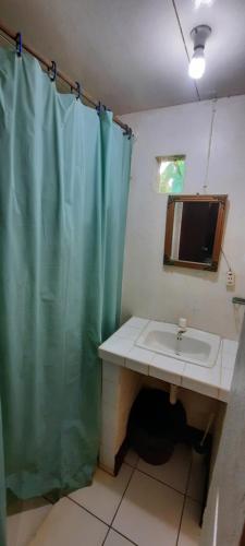 玉米岛Tropical Dreams Hostel的浴室配有淋浴帘和盥洗盆。