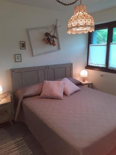 PreinardoCapriolo的一间卧室配有一张带粉红色枕头和吊灯的床。