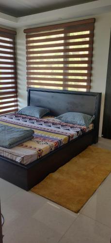 索兰2BHK Furnished Apartment/Near Kasauli/Barog/Luv Fun & Adventure的一张位于带2扇窗户和地毯的房间内的床位