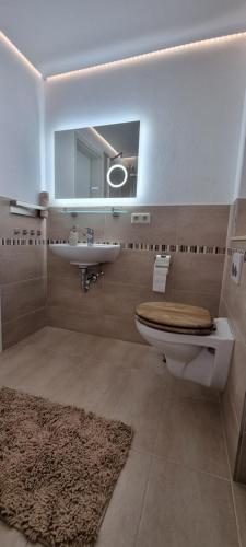 腓特烈港FN Oak Bungalow的一间带卫生间、水槽和镜子的浴室