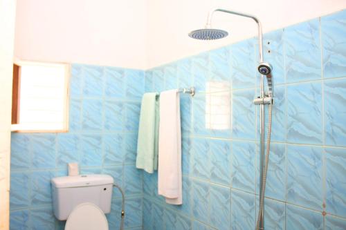 金贾Bilkon Hotel Jinja的蓝色瓷砖浴室配有淋浴和卫生间。
