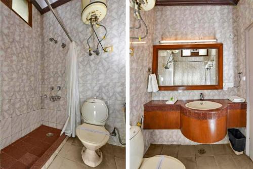 新德里The Beaufort Inn的浴室的两张照片,配有卫生间和水槽