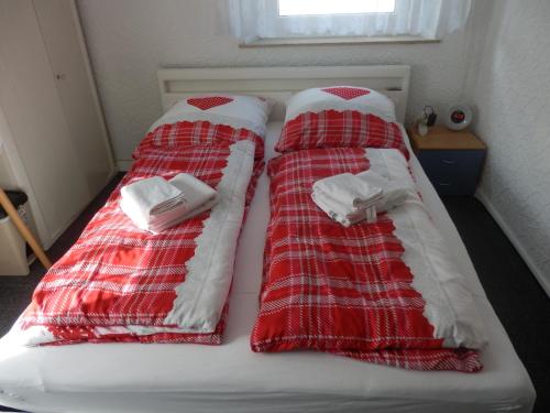 VeitsbronnGästezimmer Boxenstopp的两张带红白毯子的床