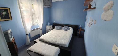 卡纳克villa les pieds dans l eau的一间蓝色卧室,配有两张床和窗户