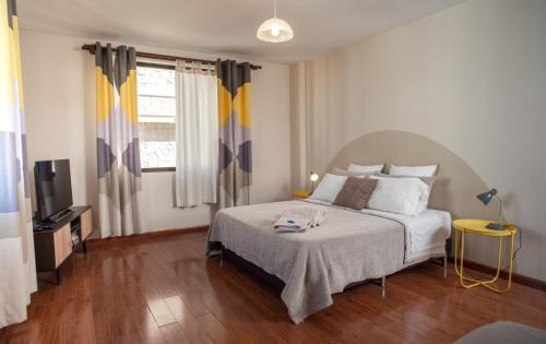 科恰班巴Apartamento Mira 1的一间卧室配有一张大床和电视
