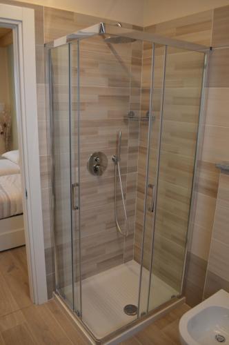 萨卢佐B&B La Luce Verde的浴室里设有玻璃门淋浴