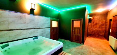 Chrastava高农场酒店的带浴缸和绿色照明的大浴室