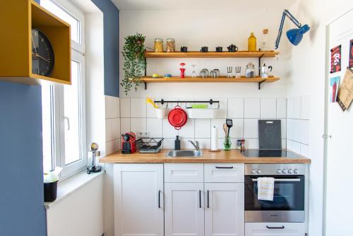 开姆尼茨Apartment mit Industriecharme/ Netflix + WIFI & zentrumsnah的厨房配有白色橱柜和水槽