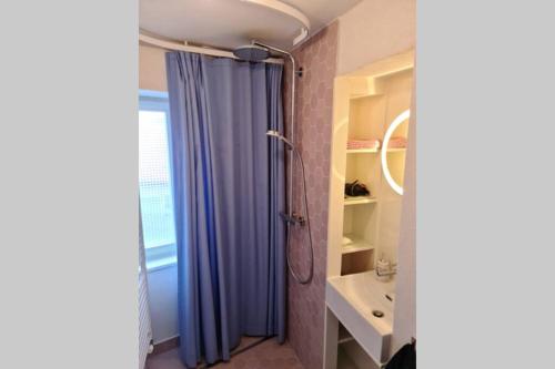 圣克鲁瓦Petit bijou de Sainte-Croix的浴室配有淋浴帘和盥洗盆。
