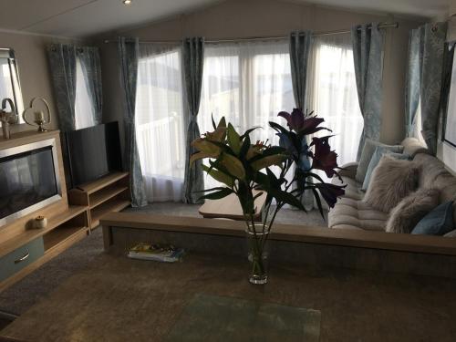 韦茅斯6 Swan View Haven, Littlesea的客厅配有沙发和花瓶