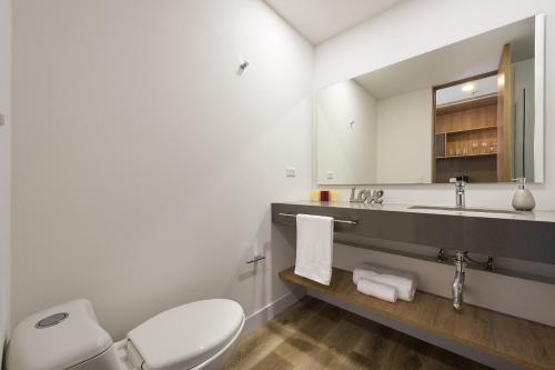 麦德林Go Living and Suites El Poblado - Jalo Rent的一间带卫生间、水槽和镜子的浴室