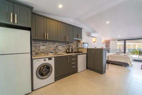 费特希耶Nakas Suites的厨房配有绿色橱柜、洗衣机和烘干机