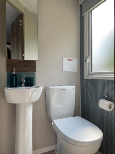 SwarlandLazy Bear Lodge Northumberland的浴室配有白色卫生间和盥洗盆。