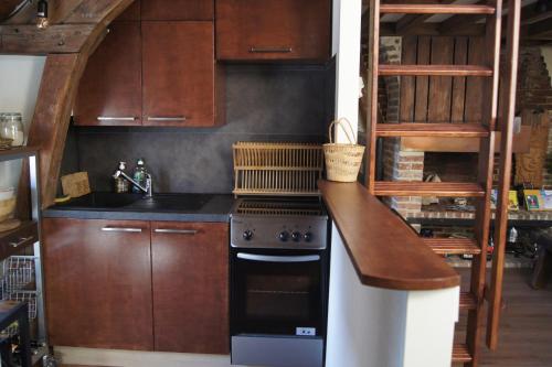翁弗勒尔Le perchoir de St-Antoine的厨房配有炉灶和台面