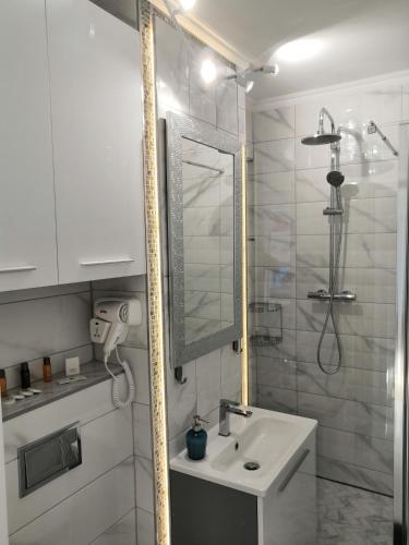 布拉索夫ONYX - Utopia Aparthotel的白色的浴室设有水槽和淋浴。